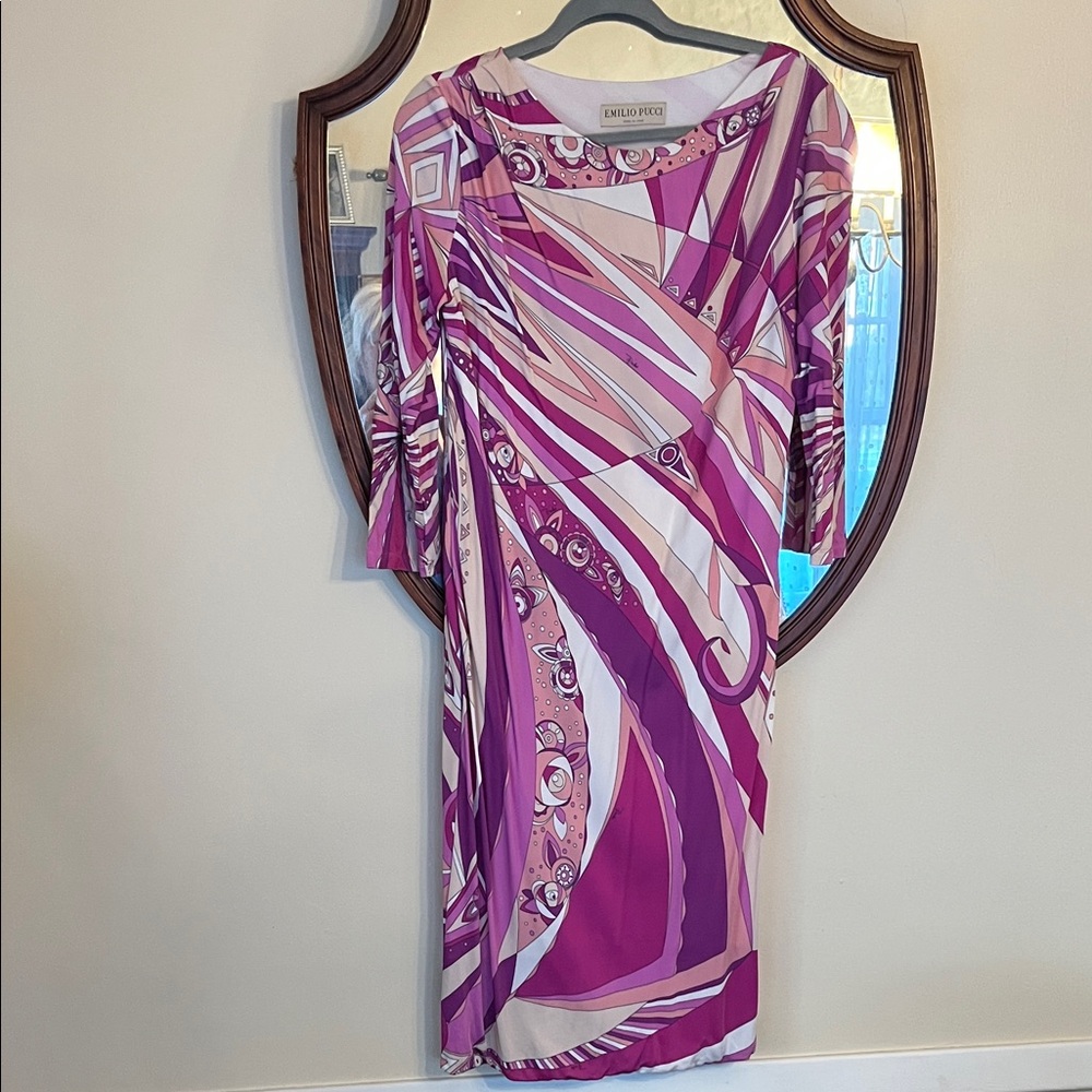 Emilio Pucci Vibrant Pink and Purple Long Sleeve Dress Size 12 Lined Geometric